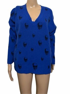 Skull Cashmere Jamie  Skull Print V-Neck 100% Cashmere Sweater Size M